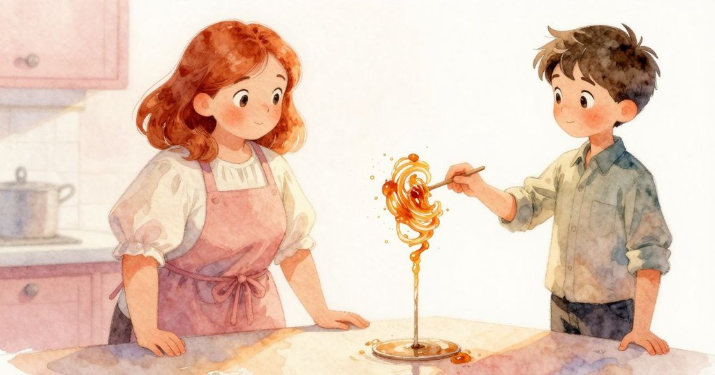 Marnie的手使用木棒輕敲糖絲,近距離展現糖質精緻紋理與金色焦點,充滿溫暖感