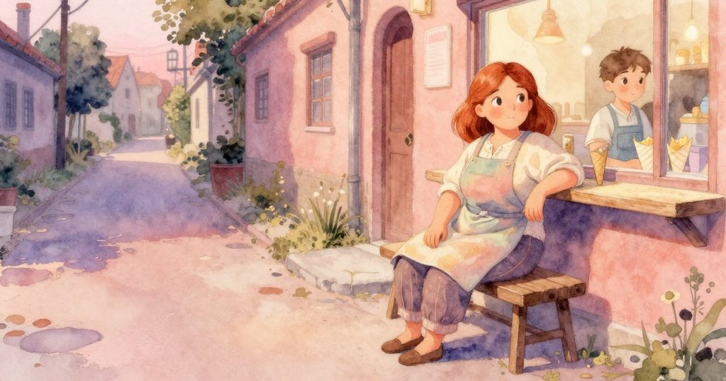 Marnie靜坐於露天攤旁休憩,凝望著紙錐回味一日匠心,柔光與寧靜街道中充滿平和情懷