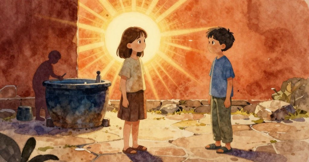 娜丁在明亮的門口注視，迪克蘭將折疊布置入深藍缸中，陽光映照形成溫暖與冷光交錯的場景