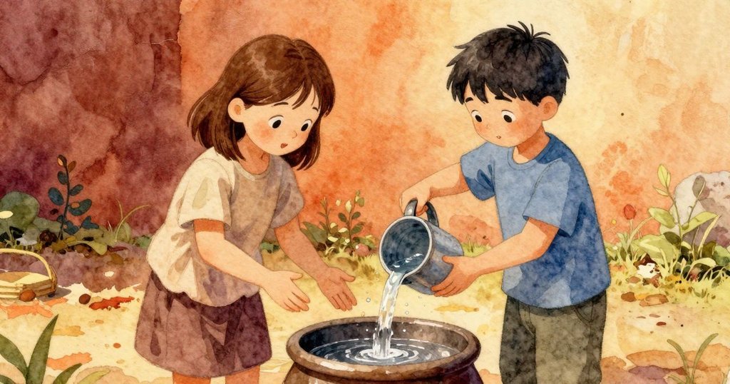 娜丁用凝露覆蓋的水壺倒水於缸邊，迪克蘭指向陰影中陶罐，層次分明的戶外作業場景