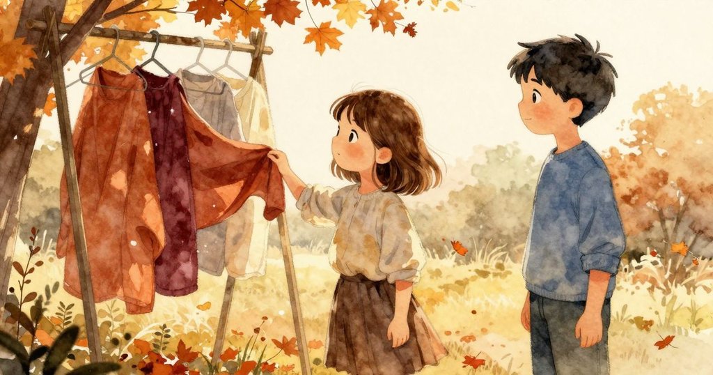 掛在架上染布隨秋風輕揚，背景有金黃和橘紅落葉，展現溫暖季節轉變的畫面