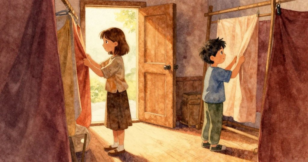 迪克蘭微笑檢視完成染布，娜丁在背景中掛起布料，開放門口透出明媚陽光，展現新希望的未來