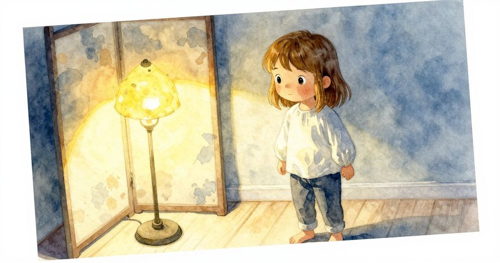 Corinne 正在室內斜角觀察帶有茶漬的螢幕，燈光溫暖，神秘氣氛中展現開端的好奇與探索