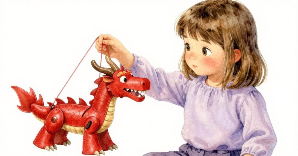 Corinne 近距離細看龍偶，手指輕觸皮革細節，溫柔燈光下展現創意與象徵意義