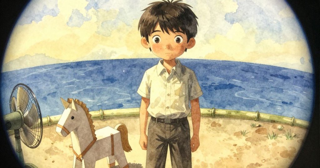 Ned 在變形視角中操作竹竿擊打紙馬，背景中風扇發出規律聲響，場景充滿活力與奇趣