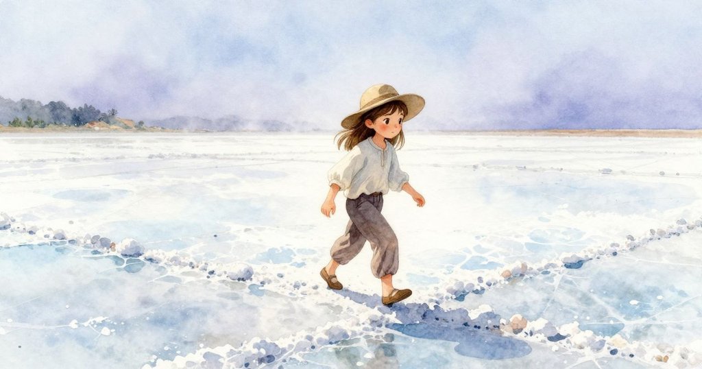 內森薩在鹽灘上行走，晨霧中充滿柔和光線，展現開啟冒險的溫柔氛圍