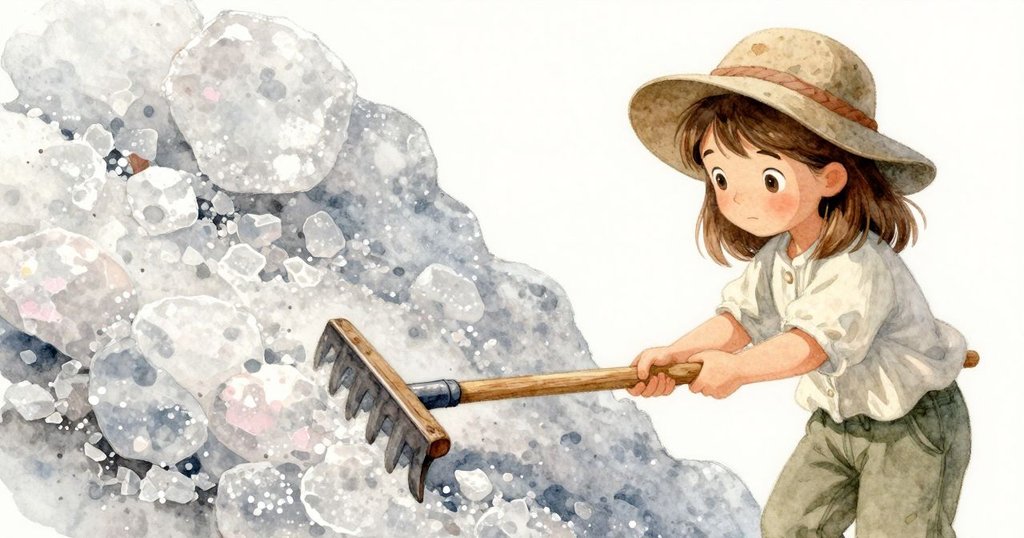 內森薩手握古舊木耙，細緻呈現鹽結晶與時間痕跡，展現自然歷史感