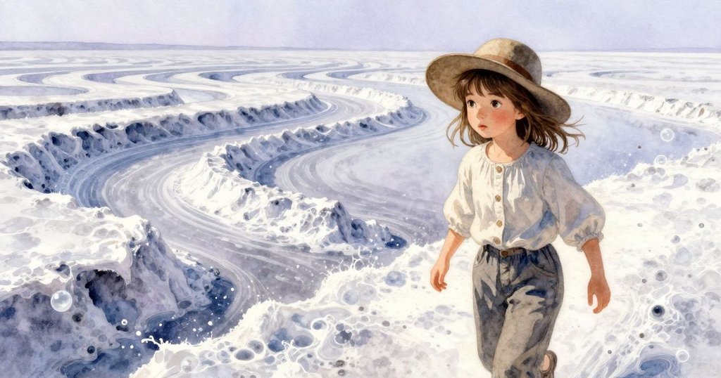 內森薩置身於變幻莫測的鹽灘中，鹽脊扭曲成超現實幾何圖形，風中鹽粒旋舞，宛如仙境