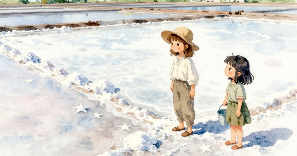 內森薩與莉莉站在陽光下的鹽灘前，欣賞著不規則鹽脊和鹽星，展現寧靜與接受的心情