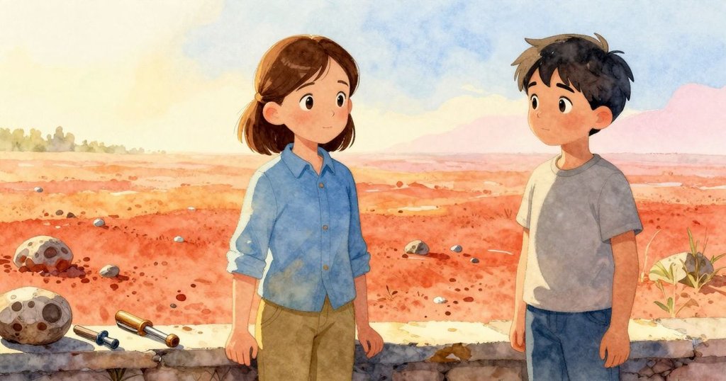 Iris在寬闊化石床邊安排工具, Rafferty蹲守旁觀, 石階層疊呈現古老場景, 清晨光線溫暖充滿期待