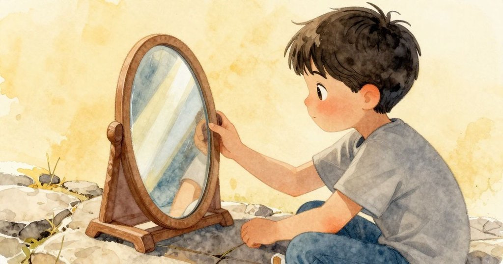 Rafferty調整小鏡子反射陽光, 照亮石面裂縫中凝結水珠, 表情專注, 展示微妙探索過程