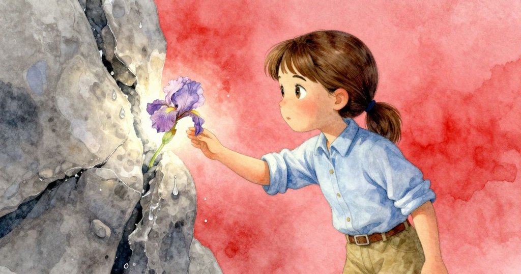 Iris凝視不消失水滴凝聚光環, 輕觸石面, 裂縫隱藏神秘轉變, 充滿驚奇與探索感