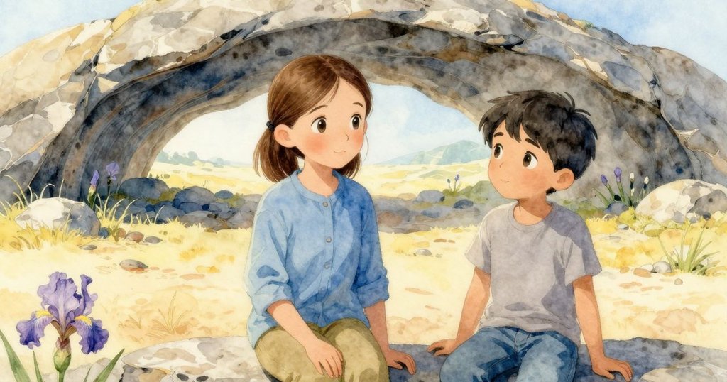 Iris與Rafferty在寬闊化石床前靜觀變化, 低光中感受涼爽礦物回響, 清晨柔光下共享寧靜時刻