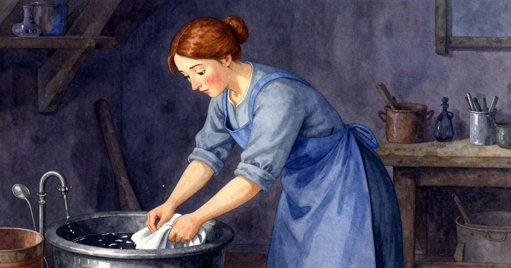 Winona 在傾斜的工作坊內,小心將布條浸入暗色染缸,神情專注,背景昏暗神秘,展現初始情節發展。