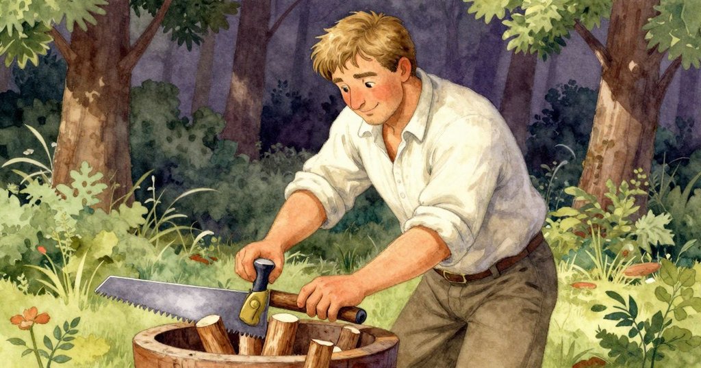 Orion 在戶外鋸坑邊修整新鮮灰樹枝,手中巧勁流露溫暖專注,細膩時光痕跡在自然環境中呈現。