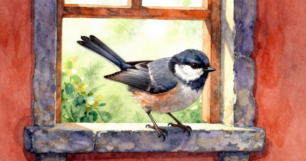 在明亮中午光線下,工作坊橫樑上小鳥輕抖尾羽,旁有橘皮絲狀裝飾,整體環境溫暖而富有動感。