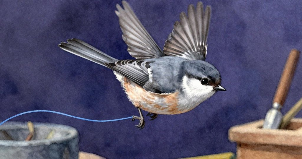 小鳥在工作坊內急速俯衝,牽引著藍色線頭,動作定格展現緊張瞬間,環境細節豐富且充滿活力。