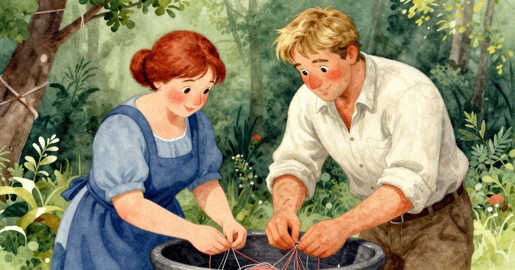 Winona 與 Orion 在工作坊內靠近染缸重逢,溫暖共聚中拾取線頭,彼此笑意滿面,展現出情節圓滿收尾的氛圍。