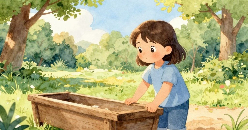 Wanda走向公園的木槽,面帶期待與疑惑,陽光灑落綠樹間,展現探索缺失泡泡棒的開端