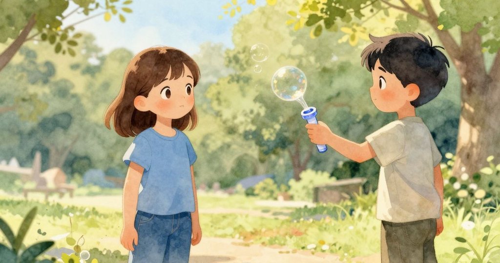 從Wanda背後看去,Oswin捲袖遞上小細泡泡棒,彼此互動中流露溫暖和信任,公園背景柔和