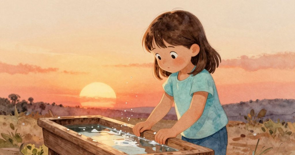 Wanda站在夕陽下的木槽旁,觀察水滴與皂沫碎片交錯落下,神情沉思,夕陽餘暉灑滿背景