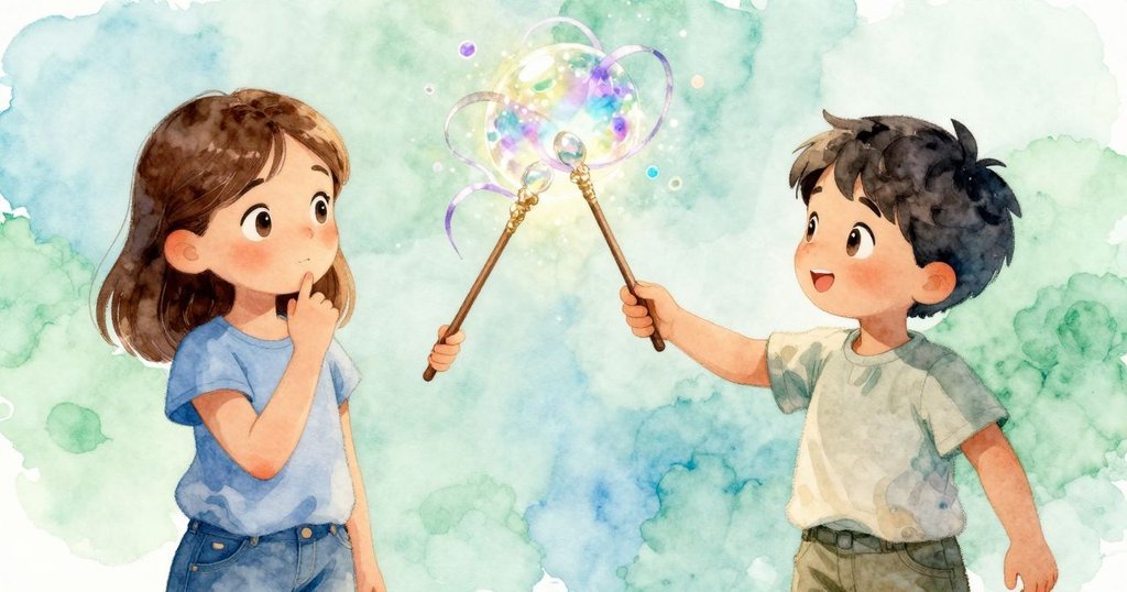 Wanda與Oswin合力將兩支細棒交疊,造就轉動魔幻泡泡,泡泡泛出銀邊與紫色光澤,畫面充滿驚奇