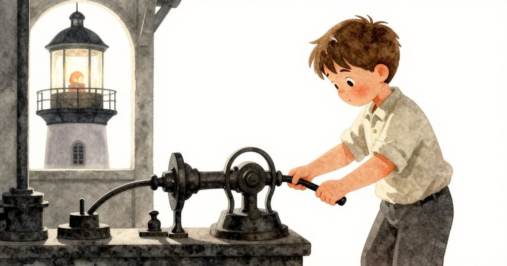 塞德里克在燈塔內操作手柄，剪影映襯著明亮背景，展示他堅定與神秘的心情