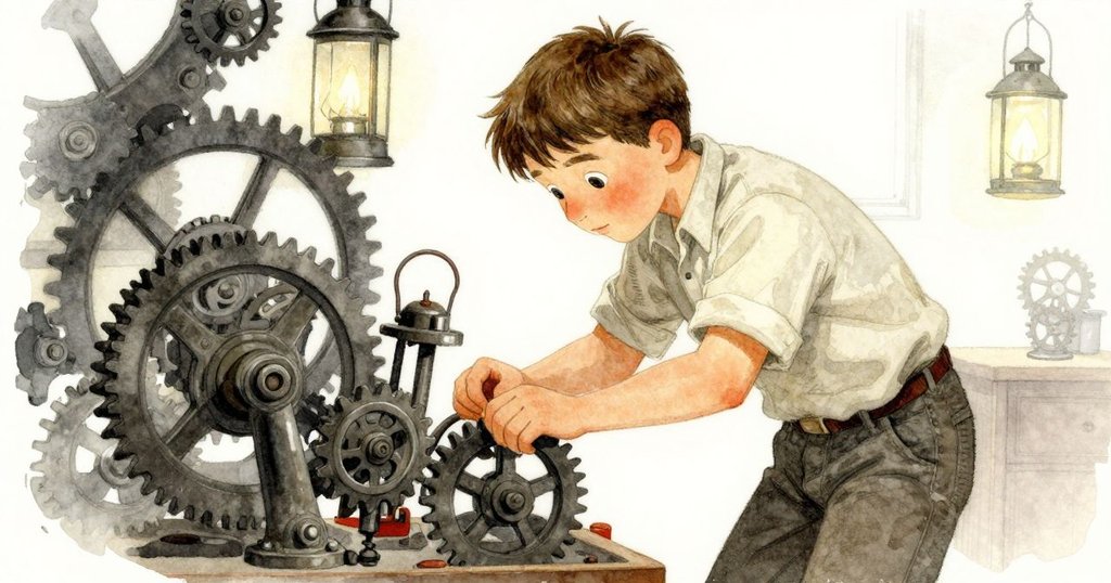 從低角度看見塞德里克在燈塔房內調整齒輪，他神情專注，展現出對機械細節的重視