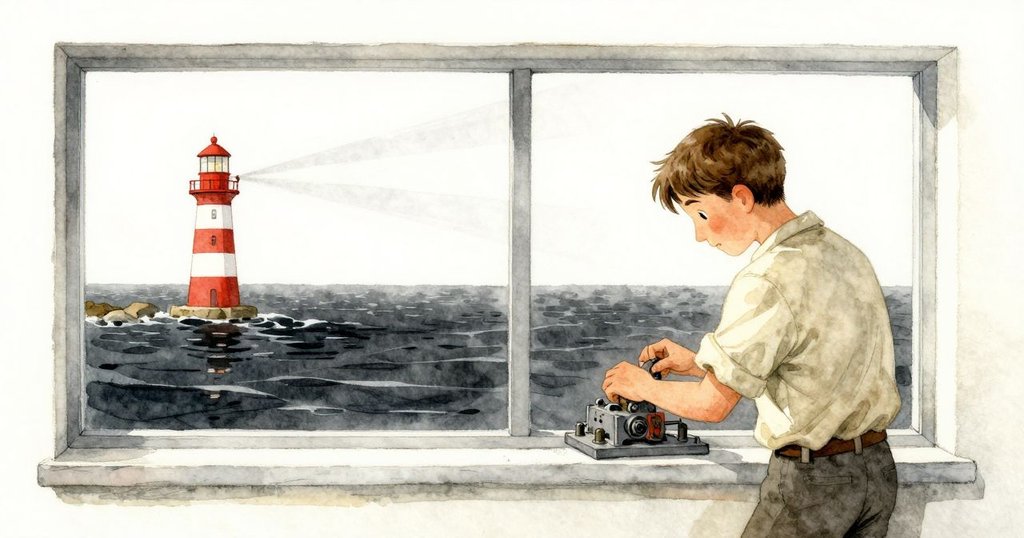 塞德里克站在窗邊觀看燈光掃過風雨中的海面，風吹拂著棉絮與微小絮狀物，充滿季節活力