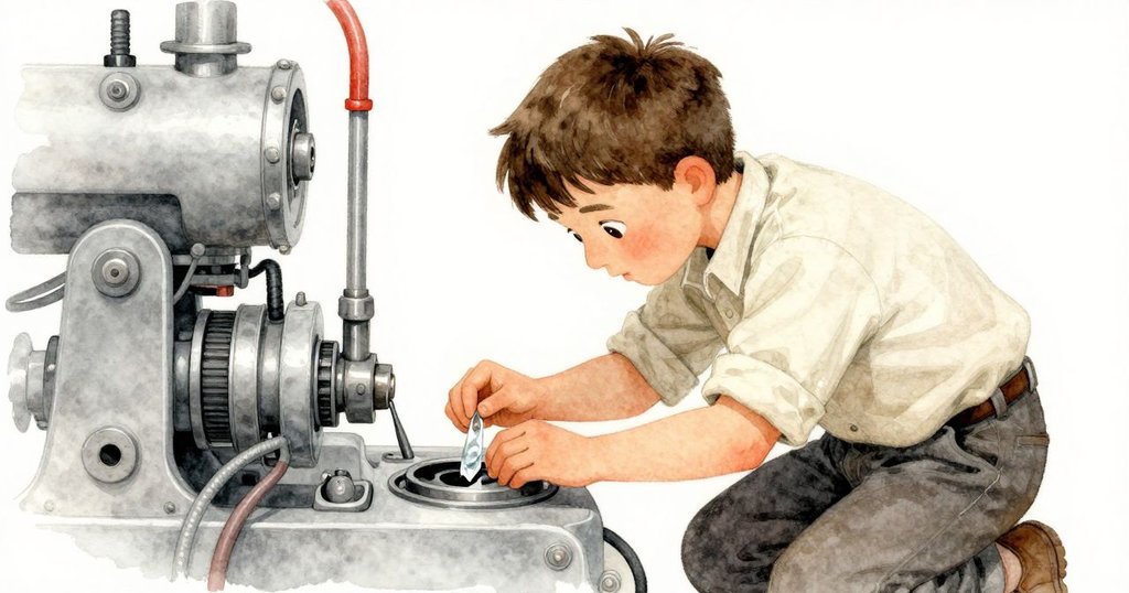 塞德里克在燈塔房內發現嵌於機械中的玻璃碎片，神情驚訝中透著專注，細節明顯