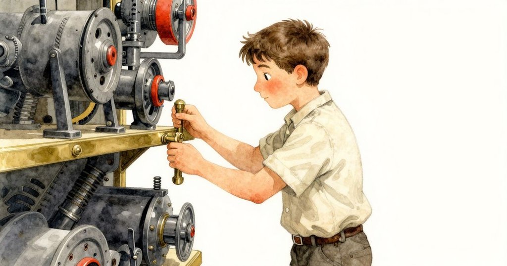 塞德里克將手柄輕放於銅製架上，神情平靜且充滿成就感，燈塔透鏡恢復平穩運作