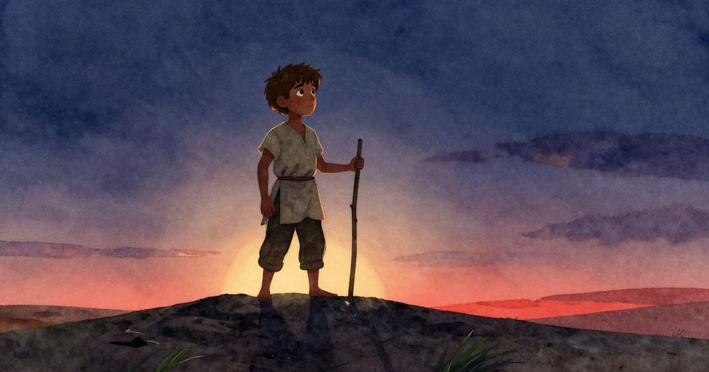 奧倫在沙丘日出時站立，輪廓清晰，樹枝棒投下短影，展現出寧靜與希望的早晨