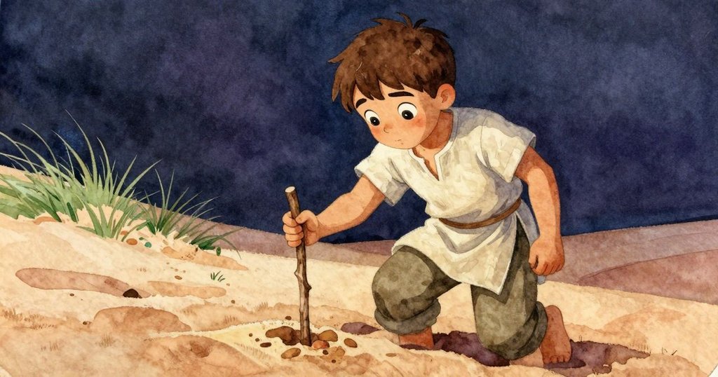 奧倫仔細觸摸沙丘上樹枝棒的表面，暗色環繞記錄著時光流轉，細膩光影中展現歷史痕跡