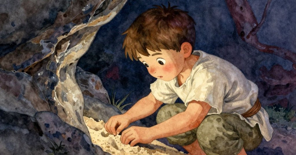 奧倫透過岩石框架仔細觀察沙紋，充滿疑惑與好奇的神情在溫暖光影中展露