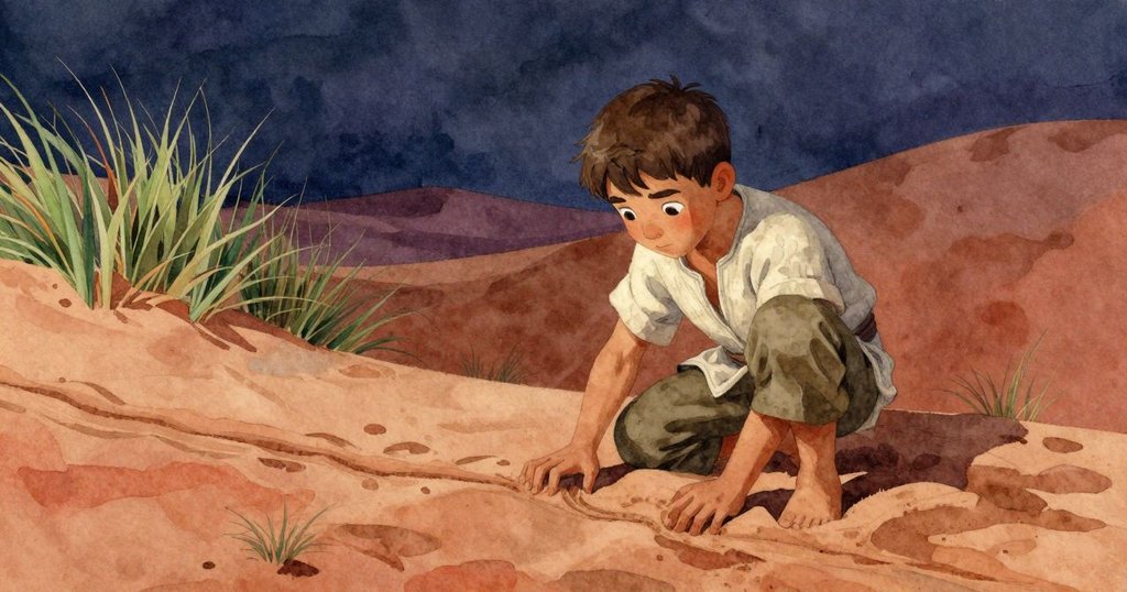 奧倫蹲在隱秘沙丘縫隙中，輕觸著神秘爪痕，柔和光線下展現出自然細節與秘密感