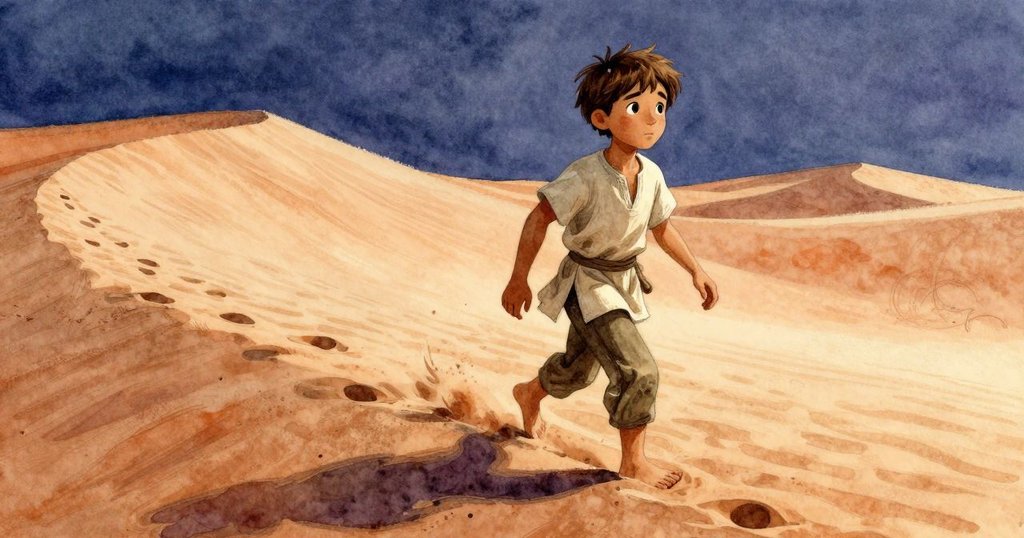 奧倫沿著沙丘輕步下行，腳印隨風在移動沙中閃現，動態畫面中展露自然風沙之舞