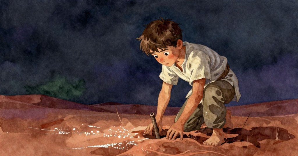 奧倫在沙丘頂端默然重新插下樹枝棒，背景中沙紋閃爍，展露出充滿詮釋空間的寧靜美感