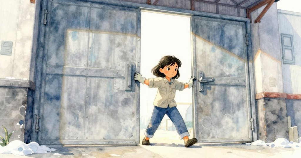 Mae輕推工作室大門，步入溫暖光線走廊，展現堅定且平靜情緒，環境現代工業氛圍