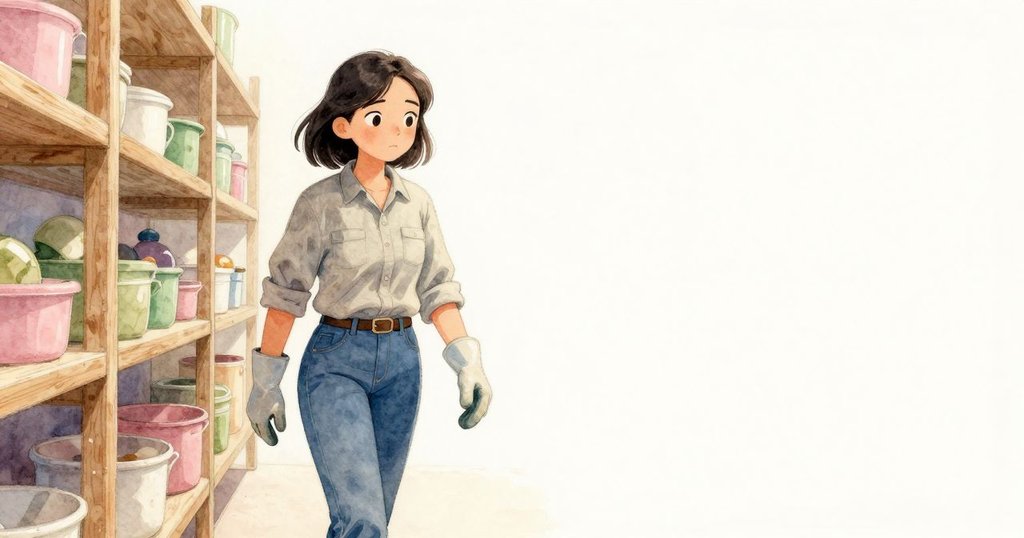 Mae走在鋪有木板架的走廊上，條紋陰影映照混凝土地面，展現從容步伐和藝術般的空白空間