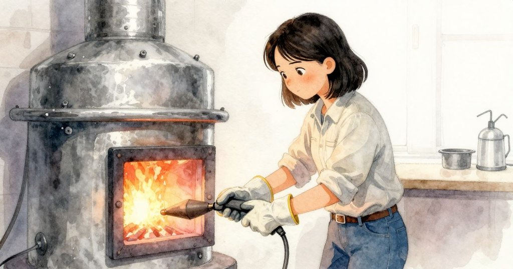 Mae站在熔爐前仔細操作吹管，手指在拋光鋼台上輕觸，背景顯露工坊內部層次感