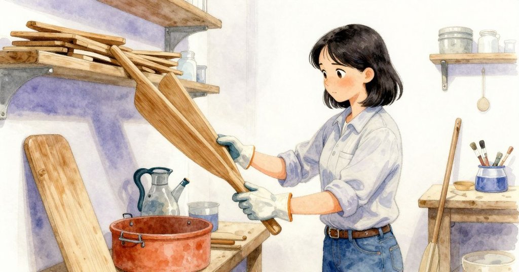 Mae在工作室內細心檢查移位的木槳柄，神情專注，環境整潔溫馨，展現工坊沉靜氣氛