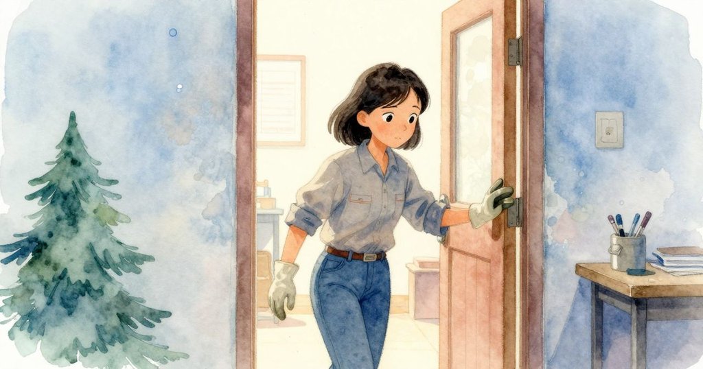 Mae離開工坊，溫柔觸摸散發溫暖光澤的金屬門框，臉上洋溢著安然微笑，象徵著熟悉與歸屬