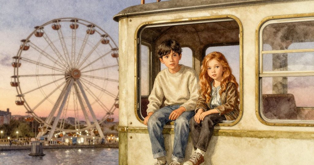 倫和奧拉在摩天輪車廂中，一邊觸摸座位感受聲波，一邊凝視外面點亮的遊樂場，神情專注溫馨