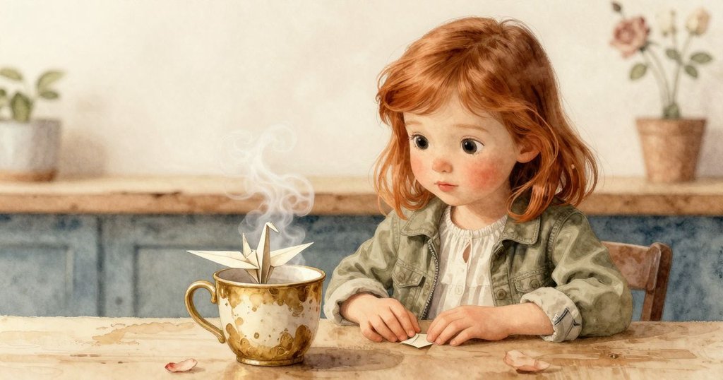 奧拉在咖啡館櫃台旁細看桌上摺好的紙鶴，溫暖燈光與蒸汽營造出安靜神秘氛圍