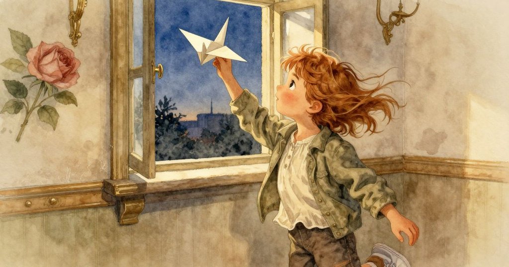 奧拉在車廂內舉起紙鶴朝向開著的窗戶，藍色暮光中流露出溫柔與好奇情感