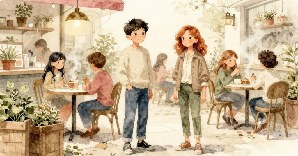 咖啡館外志工忙著整理藥草箱，室內蒸氣與節奏感交織，展現日常中忙碌而溫馨的時光流轉