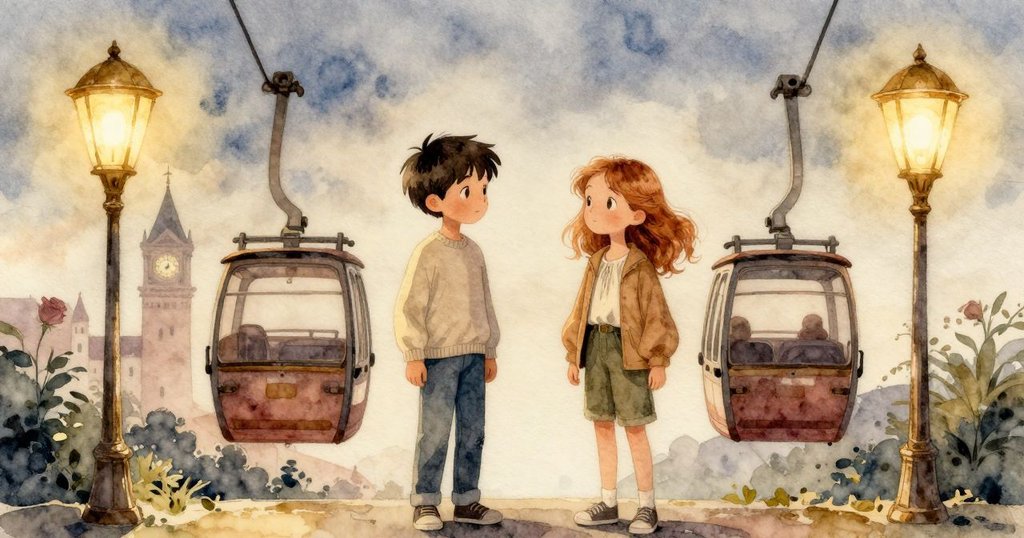 車廂降至登機台前，倫與奧拉互視微笑，遠處時鐘塔與燈光交織出溫暖靜謐的夜晚