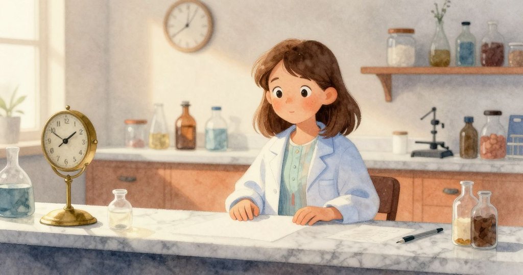 Nadine在實驗室輕柔操作,下午柔和光線中銅製時鐘與大理石檯面營造溫暖氛圍,充滿期待與專注