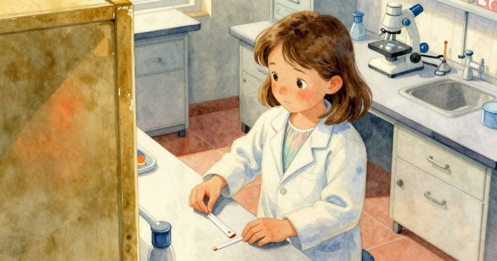 從高處俯瞰實驗室檯面上試紙與黃銅櫥櫃細節,展現午後靜謐與歷史痕跡的溫暖景象