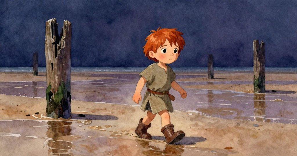 露比走在鏡面沙灘上，靠近有歷史痕跡的標記柱，神情專注，海風輕拂展現故事開端